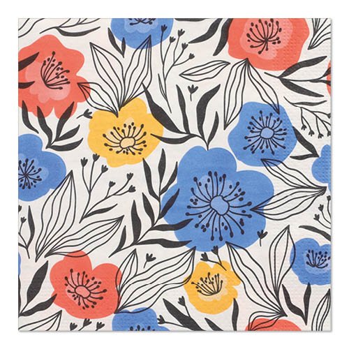 Ubrousky PAPSTAR 20 ubrousků od PAPSTAR GmbH jsou velké 33x33 cm, vyrobené z 3vrstvého papíru a zobrazují bílý podklad s černě ohraničenými červenými, žlutými a modrými květy a černobílými listy.