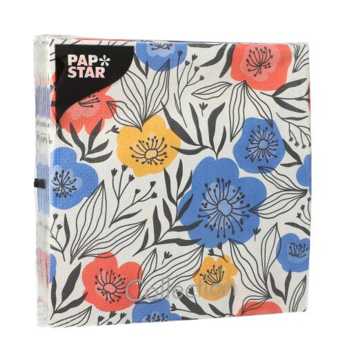 PAPSTAR 20 ubrousků, 3vrstvé, 33x33 cm, designová sada 4: květinový potisk s modrými, žlutými a červenými květy a černými listy na bílém podkladu od PAPSTAR GmbH.