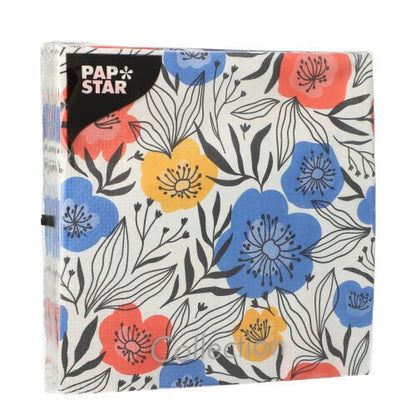 PAPSTAR 20 ubrousků, 3vrstvé, 33x33 cm, designová sada 4: květinový potisk s modrými, žlutými a červenými květy a černými listy na bílém podkladu od PAPSTAR GmbH.