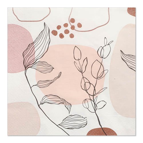 PAPSTAR 20 ubrousků, 33 x 33 cm, 3-vrstvé, Set 5 od PAPSTAR GmbH ukazují abstraktní tvary v růžové a béžové s černými listovými motivy, nabízené v praktickém balení po 20 kusech.
