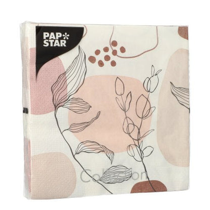 PAPSTAR GmbH 20 ubrousků, 33x33cm, 3-vrstvé, v abstraktní Design-Set 5 s béžovo-růžovými tvary a černými kresbami listů a bobulí. Ubrousky jsou baleny v čirém plastu.