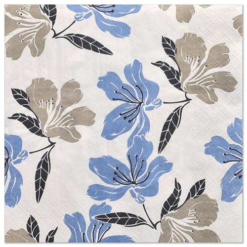PAPSTAR 20 Servietten (40 cm x 40 cm, 3-lagig, 1/4-Falz) von der PAPSTAR GmbH zeigen ein sich wiederholendes blau-beiges Blumenmuster mit schwarzen Blättern und Stielen auf Weiß und verleihen jedem gedeckten Tisch Eleganz.