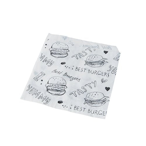 Ty PAPSTAR Hamburgrové sáčky 13x13 cm, bílé, od PAPSTAR GmbH ukazují černé, ručně kreslené motivy burgerů a nápisy jako "BEST BURGERS", "TASTY" a "YUMMY" stejně jako malé srdce a tečky - perfektní stylové balení pro burgery (1000 kusů).