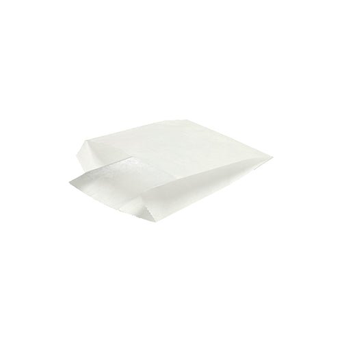1000 Wrap-sáčků (11 x 8 x 4 cm) od PAPSTAR GmbH jsou jednoduché, bílé, obdélníkové papírové sáčky z udržitelných materiálů. Leží naplocho, mají otevřený konec a viditelné záhyby na bílém pozadí.