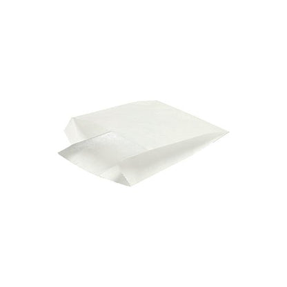 1000 Wrap-sáčků (11 x 8 x 4 cm) od PAPSTAR GmbH jsou jednoduché, bílé, obdélníkové papírové sáčky z udržitelných materiálů. Leží naplocho, mají otevřený konec a viditelné záhyby na bílém pozadí.