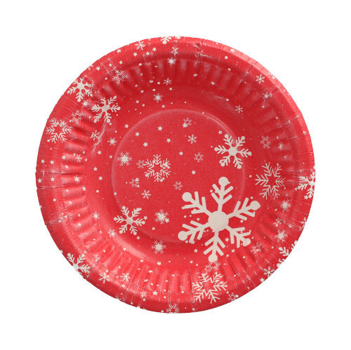 Kulatá papírová miska PAPSTAR, 19 cm, 3 cm vysoká, série "Winter Time" s bílými sněhovými vločkami na červeném podkladu od PAPSTAR GmbH, z pohledu shora na bílém pozadí (50 kusů/folie).