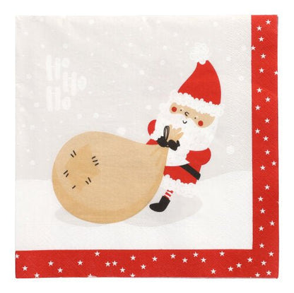 Tyto 3-vrstvé PAPSTAR-ubrousky (40 x 40 cm, 1/4 skládání) od PAPSTAR GmbH ukazují Santa Clause v červeném kostýmu, jak táhne pytel sněhem, v pozadí „Ho Ho Ho“ a červený okraj s hvězdami. Balení obsahuje 20 ubrousků.