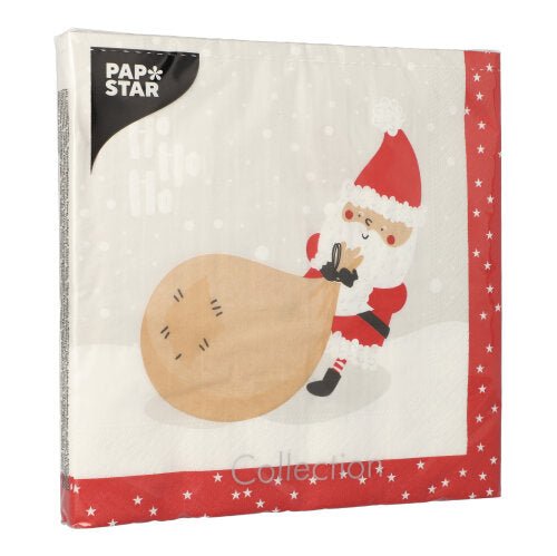 Balení 20 PAPSTAR 3-vrstvých ubrousků (40x40 cm, 1/4 skládání) od PAPSTAR GmbH, s motivem Santa Clause s hnědým pytlem, červeno-bílým okrajem s hvězdami a nápisem „PAP STAR“ v levém horním rohu.