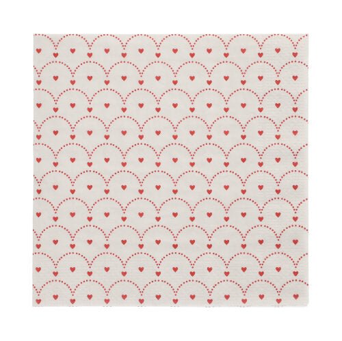 3vrstvé ubrousky od PAPSTAR GmbH (balení 20 kusů, 33x33 cm) zobrazují design s červeně tečkovanými vlnovkami s malými červenými srdíčky v každé vlně.