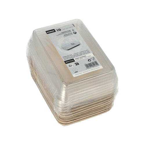 Balení deseti obdélníkových Starpak 10 Sushi-misek z palmového listu v hnědé barvě, každá s průhledným rPET víkem („Kombipack“), zabalené v plastu a opatřené etiketou s informacemi o produktu na vrchu.