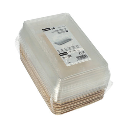 Starpak 10 Sushi-misky z palmového listu hranaté s rPET víkem „Kombipack“: Deset obdélníkových kontejnerů z palmového listu s hnědými základy a rPET víky, označené informacemi o produktu a recyklaci – ideální pro čerstvá sushi jídla.