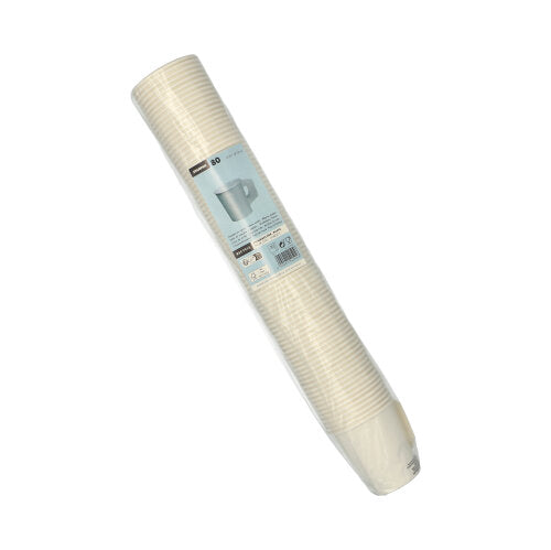 Zapečetěný balíček s 80 bílými jednorázovými papírovými poháry Starpak s držadlem (pohár na pití, papírový s držadlem) je dodáván naskládaný s modrým štítkem s podrobnostmi o produktu a ilustrací poháru – ideální pro večírky.