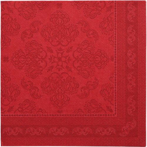 PAPSTAR 50 ubrousků "ROYAL Collection" 1/4-sklad 40 x 40 cm v bordeaux se vyznačují čtvercovým tvarem s vyraženými květinovými a geometrickými vzory, tmavším červeným okrajem a rafinovaným, symetrickým designem - prémiová kvalita od PAPSTAR GmbH.