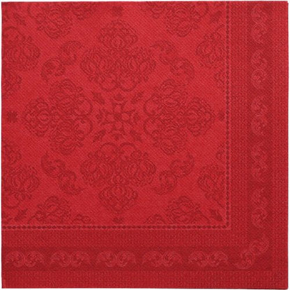 PAPSTAR 50 ubrousků "ROYAL Collection" 1/4-sklad 40 x 40 cm v bordeaux se vyznačují čtvercovým tvarem s vyraženými květinovými a geometrickými vzory, tmavším červeným okrajem a rafinovaným, symetrickým designem - prémiová kvalita od PAPSTAR GmbH.