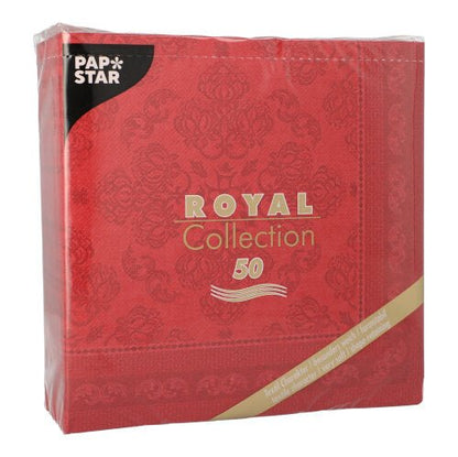 Bordeauxové PAPSTAR 50 ubrousků "ROYAL Collection" 1/4-sklad (40 x 40 cm) balení od PAPSTAR GmbH se zlatobílým písmem a decentním ozdobným vzorem.