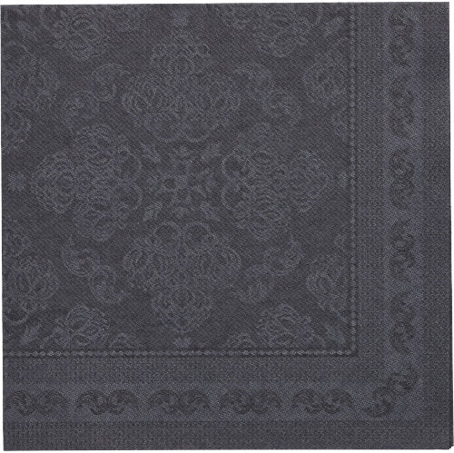 Die schwarze Serviette "ROYAL Collection" der PAPSTAR GmbH (40 x 40 cm, 1/4-fach gefaltet) in der Draufsicht zeigt ein geprägtes florales und geometrisches Muster mit einer dekorativen Bordüre an den Rändern. Packung mit 50 Stück.