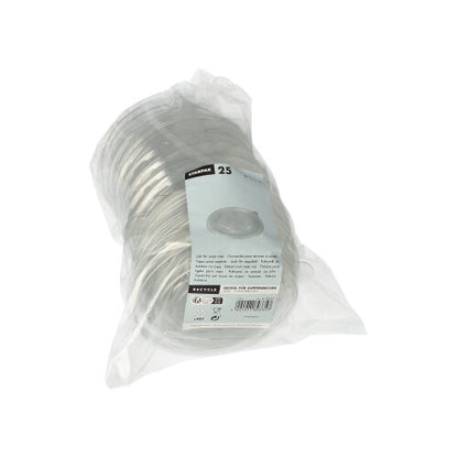 Průhledné R-PET plastové balení od Starpak obsahuje 25 kulatých víček na polévkové kelímky s etiketou na přední straně, na které jsou uvedeny množství a detaily – ekologická volba pro každodenní použití.