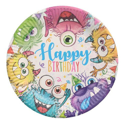 Talíř 10 ks, papírový kulatý Ø 23 cm od PAPSTAR GmbH ukazuje barevné kreslené příšerky s party čepičkami a „Happy Birthday“ uprostřed – ideální pro večírky a oslavy.