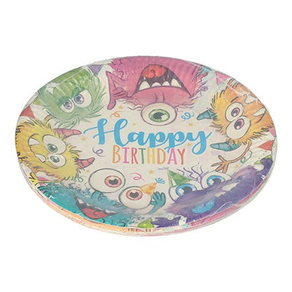 Talíř PAPSTAR 10 ks, papírový kulatý Ø 23 cm od PAPSTAR GmbH ukazuje barevné kreslené příšerky a „Happy Birthday“ na bílém pozadí s konfetami – perfektní pro večírky a akce.