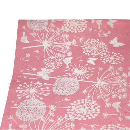 Ubrus PAPSTAR GmbH (papír, 3 m x 1,2 m) má růžový design s bílými květy pampelišky, motýly a květinami na jednoduchém pozadí pro elegantní vzhled.