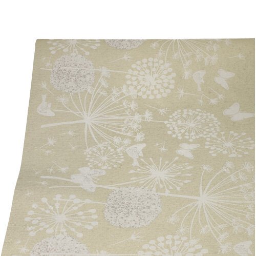 Papírový ubrus PAPSTAR (3 m x 1,2 m) od PAPSTAR GmbH je béžový s bílým botanickým vzorem připomínajícím pampelišky a motýly, ideální jako dekorativní jednorázový produkt pro každou příležitost.