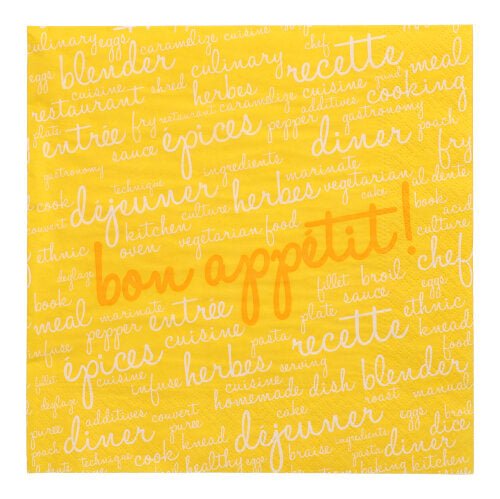 20 PAPSTAR ubrousků (40 x 40 cm, 3vrstvé, 1/4 skládání) od PAPSTAR GmbH má žlutý design s francouzskými a anglickými kulinářskými slovy v bílé a „bon appétit“ v oranžové – ideální pro dodání šarmu vašemu stolu.