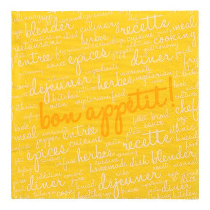 20 PAPSTAR ubrousků (40 x 40 cm, 3vrstvé, 1/4 skládání) od PAPSTAR GmbH má žlutý design s francouzskými a anglickými kulinářskými slovy v bílé a „bon appétit“ v oranžové – ideální pro dodání šarmu vašemu stolu.