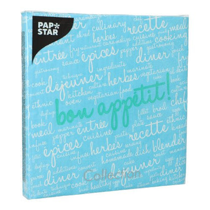 PAPSTAR 20 ubrousků (40x40 cm, 3vrstvé, 1/4 skládání) od PAPSTAR GmbH jsou dodávány v světle modrém balení s bílo-modrozeleným textem „Dobrou chuť“ na téma jídlo a logem značky v levém horním rohu.