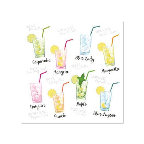 Obrázek devíti koktejlů ve sklenicích s ledem, ozdobami a PAPSTAR 20 ubrousky, 25x25 cm 3-vrstvé společnosti PAPSTAR GmbH. Koktejly jako Caipirinha, Sangria, Blue Lady, Margarita a Mojito jsou doplněny brčky a plátky ovoce.
