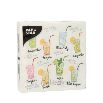 20 ubrousků (25x25 cm, 3-vrstvé, 1/4-skládání) společnosti PAPSTAR GmbH jsou zdobeny ilustracemi a názvy koktejlů jako Caipirinha, Mojito a Margarita – ideální pro stylovou stolní dekoraci.