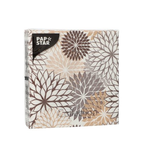 Zapečetěné balení 20 ubrousků od společnosti PAPSTAR GmbH, 25 cm x 25 cm, 3vrstvé a 1/4 skládání, s květinovým designem v béžové, hnědé a taupe. Značka „PAPSTAR“ se objevuje v levém horním rohu.
