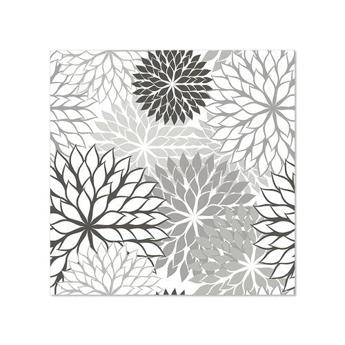 PAPSTAR 20 servítky (25 x 25 cm, 3-vrstvé, 1/4 skládání) od společnosti PAPSTAR GmbH zobrazují čtvercový květinový vzor s ostrými okvětními lístky v černé, šedé a bílé barvě na bílém pozadí – perfektní stolní dekorace s rovnoměrně rozloženými květinami různých velikostí.
