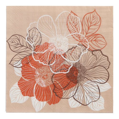 PAPSTAR 20 ubrousků, 33 cm x 33 cm, 3-vrstvé od PAPSTAR GmbH je hnědý papírový ubrousek s květinovým liniovým designem v oranžové, bílé a černé pro elegantní vzhled. Součást designové sady 6 s detailními liniovými květinovými lístky a tyčinkami.
