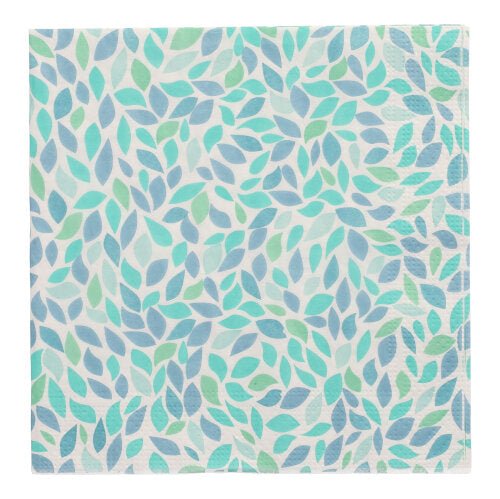 PAPSTAR 20 ubrousků, 33 cm x 33 cm, 3-vrstvé, od PAPSTAR GmbH (Design Set 5) ukazují překrývající se modré, modrozelené a světle zelené listy na bílém pozadí.