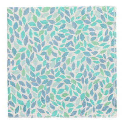 PAPSTAR 20 ubrousků, 33 cm x 33 cm, 3-vrstvé, od PAPSTAR GmbH (Design Set 5) ukazují překrývající se modré, modrozelené a světle zelené listy na bílém pozadí.