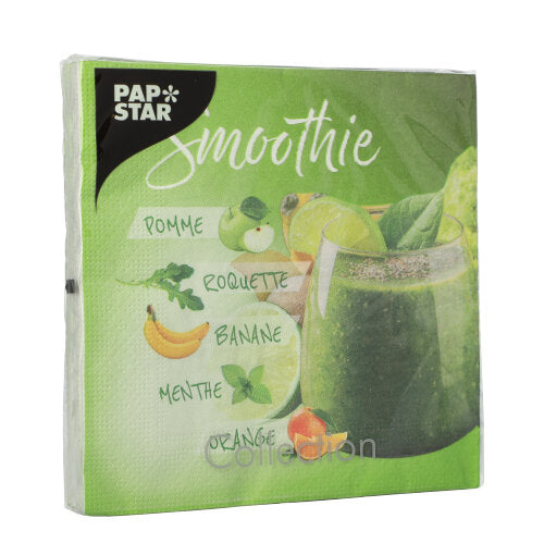 Eine grüne Packung der PAPSTAR GmbH: 20 3-lagige Servietten (33x33 cm, 1/4-Falz), "Design Set 2", mit den Motiven Apfel, Banane, Minze, Rucola und Orange - perfekt für stilvolle Anlässe.