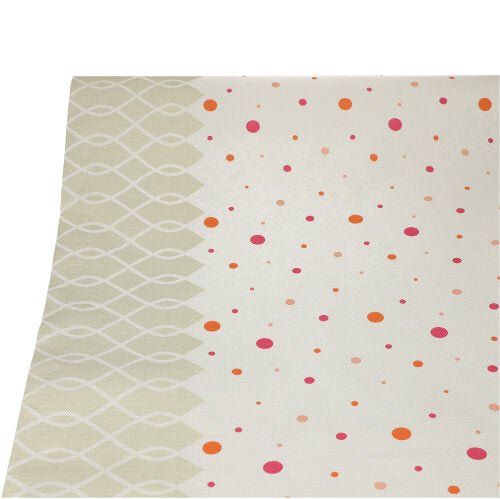 Papírový ubrus PAPSTAR (3 m x 1,2 m) od PAPSTAR GmbH je obdélníkový a béžový s vertikálním designem: geometrické vlnové linie na levé straně a rozptýlené červené, růžové, oranžové tečky na pravé straně – perfektní pro elegantní dekoraci.