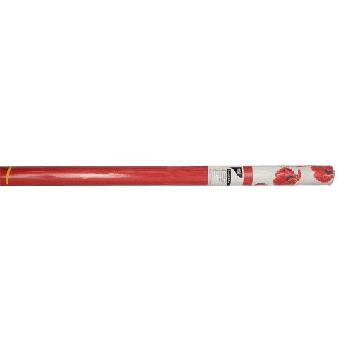 Papírový ubrus PAPSTAR (3 m x 1,2 m) od PAPSTAR GmbH v červené barvě s bílou částí a vzory červených růží, částečně zabalený v průhledné fólii s čárovým kódem.