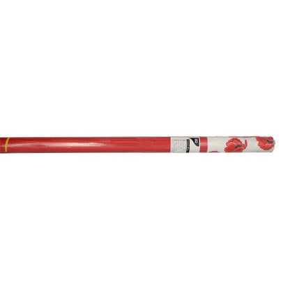 Papírový ubrus PAPSTAR (3 m x 1,2 m) od PAPSTAR GmbH v červené barvě s bílou částí a vzory červených růží, částečně zabalený v průhledné fólii s čárovým kódem.