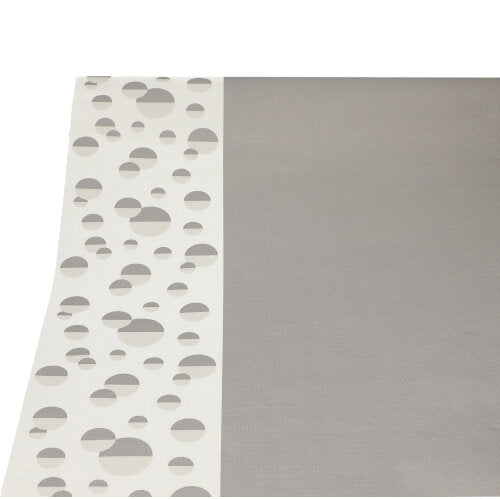 Papírový ubrus PAPSTAR (3 m x 1,2 m) od PAPSTAR GmbH je obdélníkový, má světle šedou plochu s bílým okrajem a různě velké šedé kruhy na bílém pozadí.