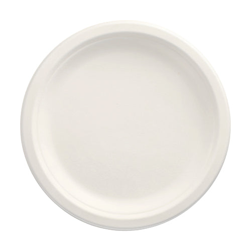 PAPSTAR 100 talíř, cukrová třtina „pure“ nerozdělený, bílý od PAPSTAR GmbH je prezentován v pohledu shora na bílém pozadí. Jeho hladký povrch a zvýšený okraj ho činí ideálním ekologickým jednorázovým talířem pro udržitelné stravování.