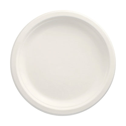 PAPSTAR 100 talíř, cukrová třtina „pure“ nerozdělený, bílý od PAPSTAR GmbH je prezentován v pohledu shora na bílém pozadí. Jeho hladký povrch a zvýšený okraj ho činí ideálním ekologickým jednorázovým talířem pro udržitelné stravování.