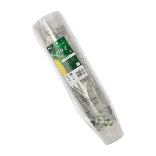 Balení 50 PAPSTAR „Kelímek z kukuřice“ PLA kelímků od PAPSTAR GmbH, zabalené do plastové fólie a opatřené zeleno-bílou etiketou, která uvádí, že jsou biologicky rozložitelné a vyrobené z kukuřice.