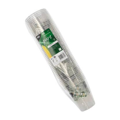 Balení 50 PAPSTAR „Kelímek z kukuřice“ PLA kelímků od PAPSTAR GmbH, zabalené do plastové fólie a opatřené zeleno-bílou etiketou, která uvádí, že jsou biologicky rozložitelné a vyrobené z kukuřice.