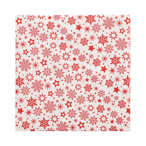 Die 30 Servietten der PAPSTAR GmbH sind weiße, 3-lagige Papierservietten (33 x 33 cm, 1/4-Falz), verziert mit gleichmäßig verteilten roten Schneeflocken und Sternen in verschiedenen Größen.