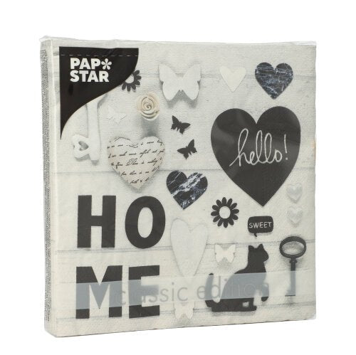 Balení PAPSTAR GmbH 20 ubrousků, 3vrstvé, 33 x 33 cm, Design Set 4 s "HOME", "hello!", srdíčky, motýly, klíčem, siluetou kočky a růžovými motivy na bílé a šedé přední straně.