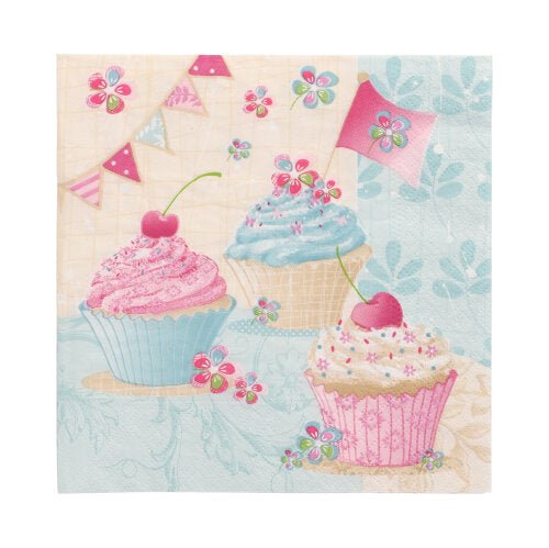 Ilustrace tří cupcakes s růžovou a modrou polevou, třešněmi nahoře, květinami, praporky a růžovou vlajkou před pastelovým pozadím s PAPSTAR 20 ubrousky 33x33 cm 3-vrstvé designové sady 6 od PAPSTAR GmbH jako elegantní akcenty.
