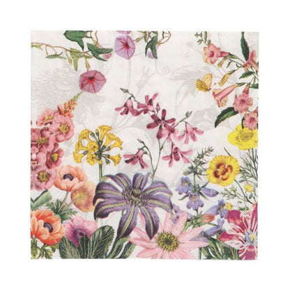 20 ubrousků PAPSTAR, 33x33 cm, 3-vrstvé, 1/4 skládání (Design Set 4) od společnosti PAPSTAR GmbH ukazují pestrobarevný květinový vzor s růžovými, žlutými, fialovými a oranžovými květy na bílém pozadí.