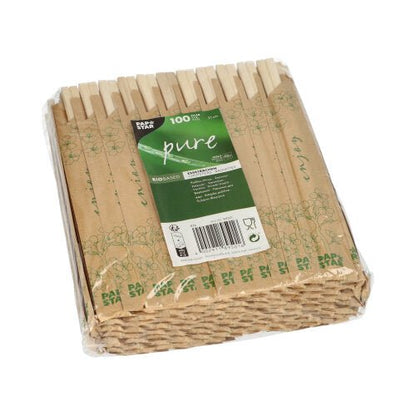 Balíček 100 ks PAPSTAR jídelních hůlek dřevo "pure", každý 21 cm a jednotlivě zabalený ve fólii, od PAPSTAR GmbH ukazuje ekologické symboly na zeleném a bílém obalu.