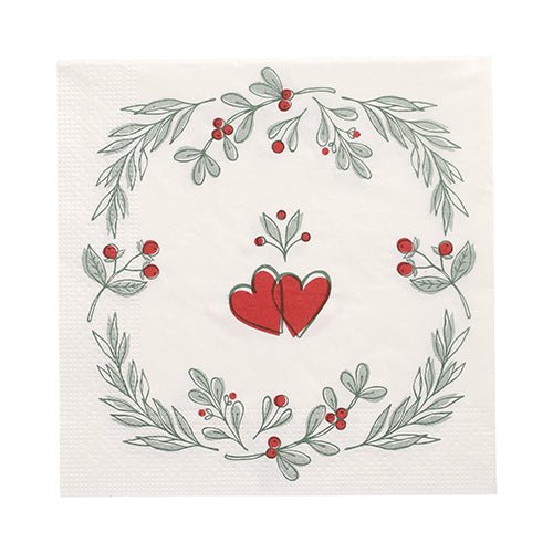 PAPSTAR GmbH 20 ubrousků, 33x33 cm, 3-vrstvé, sada 6: slavnostní bílé ubrousky se dvěma červenými srdci uprostřed, obklopené zelenými listy a červenými bobulemi - ideální pro zvláštní příležitosti.